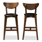 Eline Bar Stool Set of 2 Mid-Century Modern Black Faux Leather Upholstered Walnut Finish