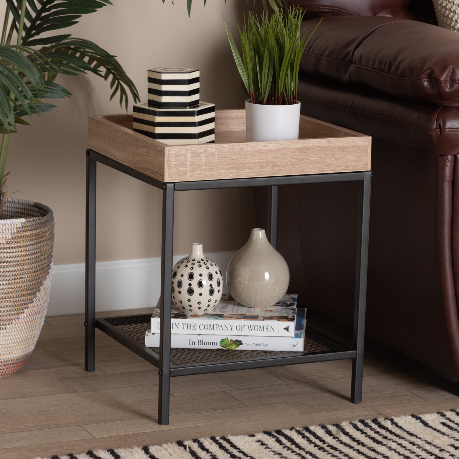 Overton End Table Modern Industrial Design Oak Brown Wood Black Metal Accents