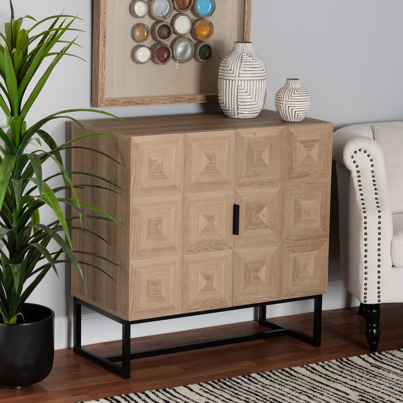 Darien Storage Cabinet Modern Contemporary Design Natural Brown Wood Black Metal 2 Doors for Stylish Organization