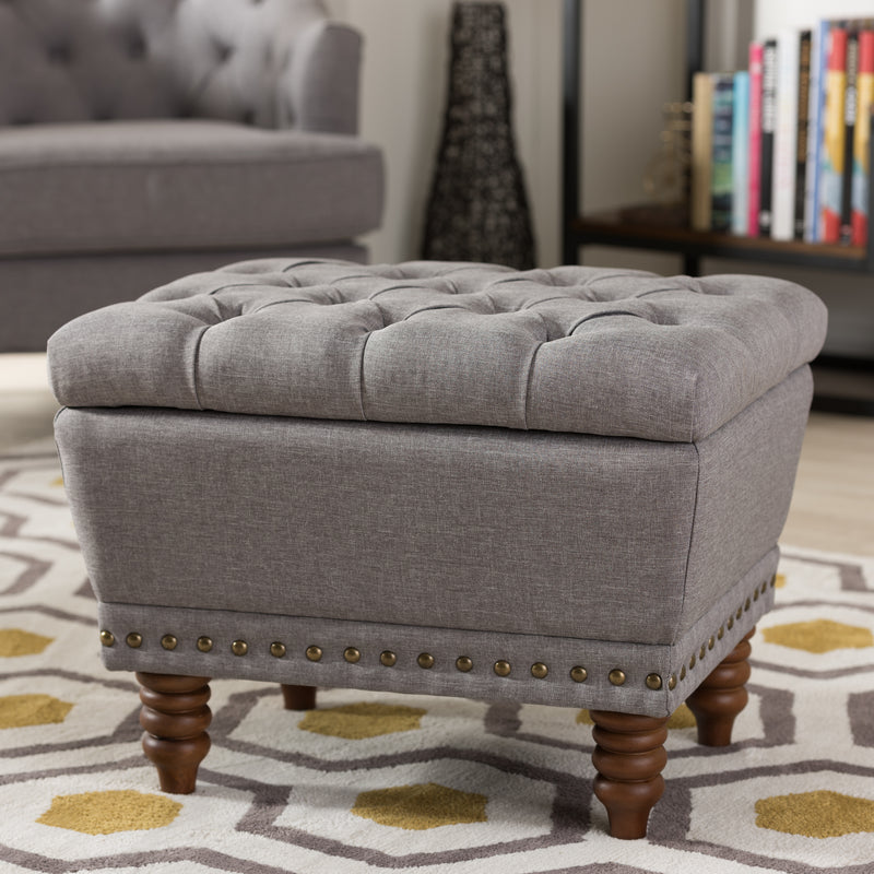 Annabelle Ottoman Modern and Contemporary Dark Grey Fabric Upholstered Walnut Wood Finished Button-Tufted Storage