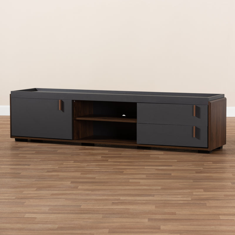 Rikke TV Stand - Modern Two-Tone Gray and Walnut Wood with 2 Drawers for Stylish Living Room Storage