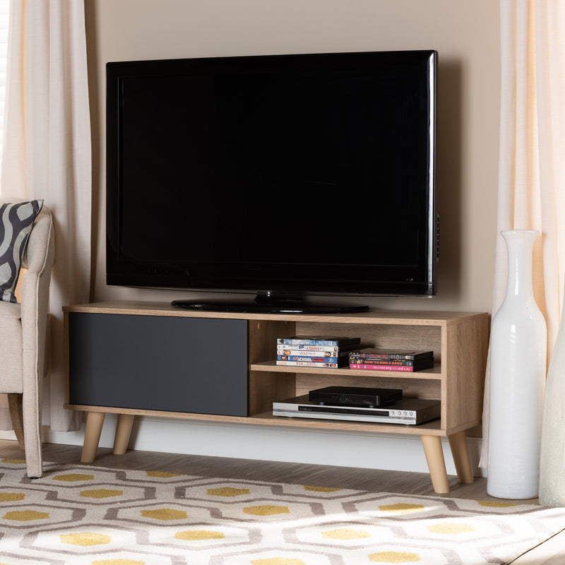 Mallory TV Stand Modern and Contemporary Two-Tone Oak Brown and Grey Finished Wood