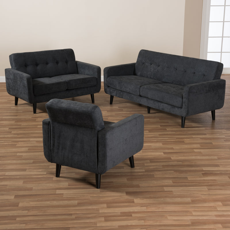 Carina Living Room Set Mid-Century Modern Dark Grey Fabric Upholstered 3-Piece