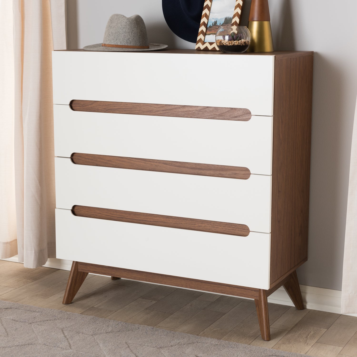 Calypso Mid-Century Modern 4-Drawer Storage Chest in White and Walnut for Stylish Organization and Home Décor