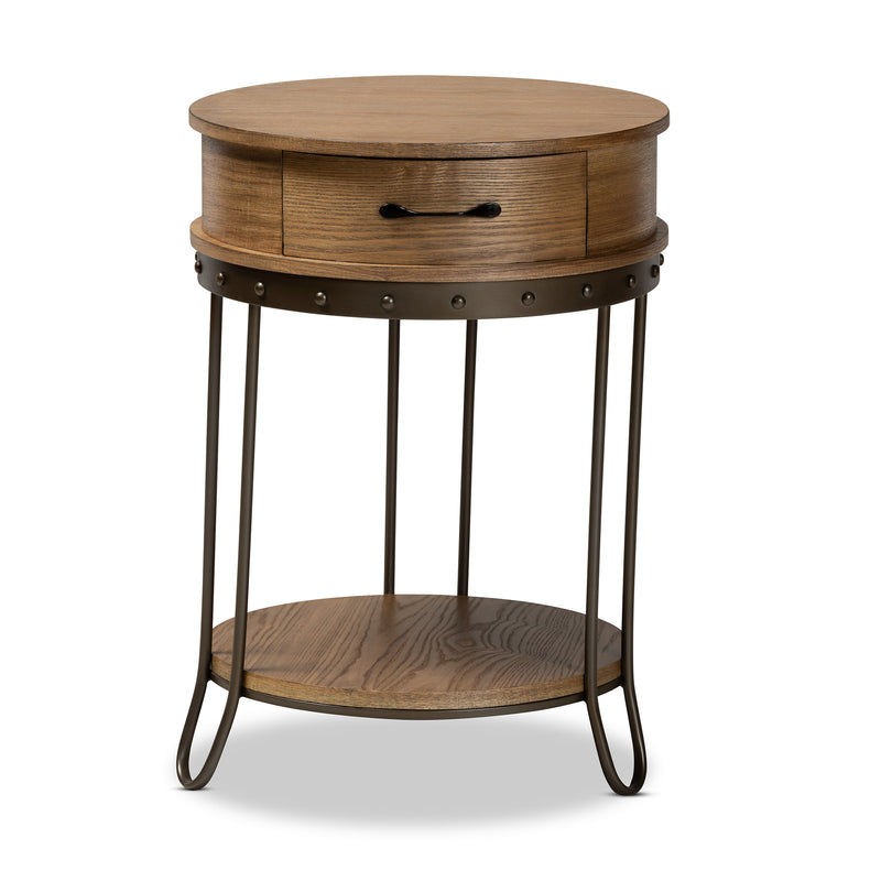 Kellyn End Table Vintage Rustic Industrial Design with Oak Brown Wood and Black Metal, Featuring 1 Storage Drawer