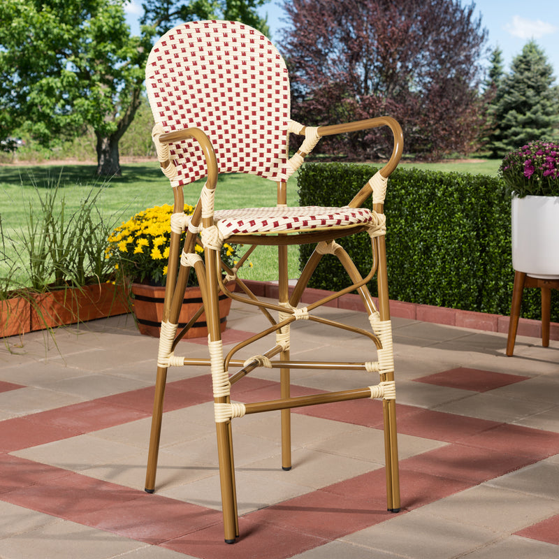 Marguerite Bistro Bar Stool Classic French Indoor and Outdoor Beige and Red Bamboo Style Stackable