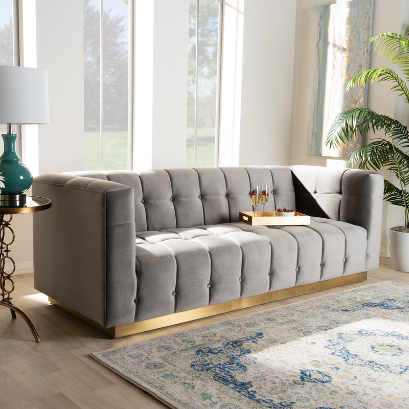 Loreto Sofa Glam and Luxe Grey Velvet Fabric Upholstered Brushed Gold Finished