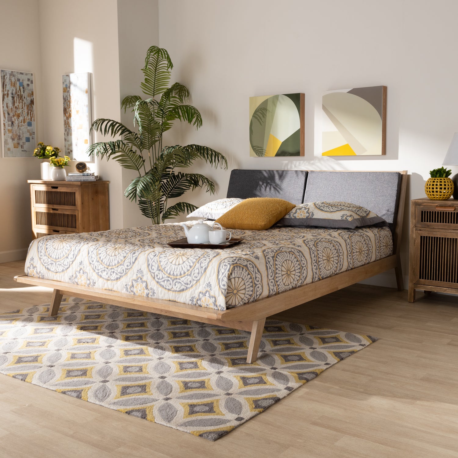 Emile Platform Bed - Modern and Contemporary Grey Fabric Upholstered with Natural Oak Finished Wood