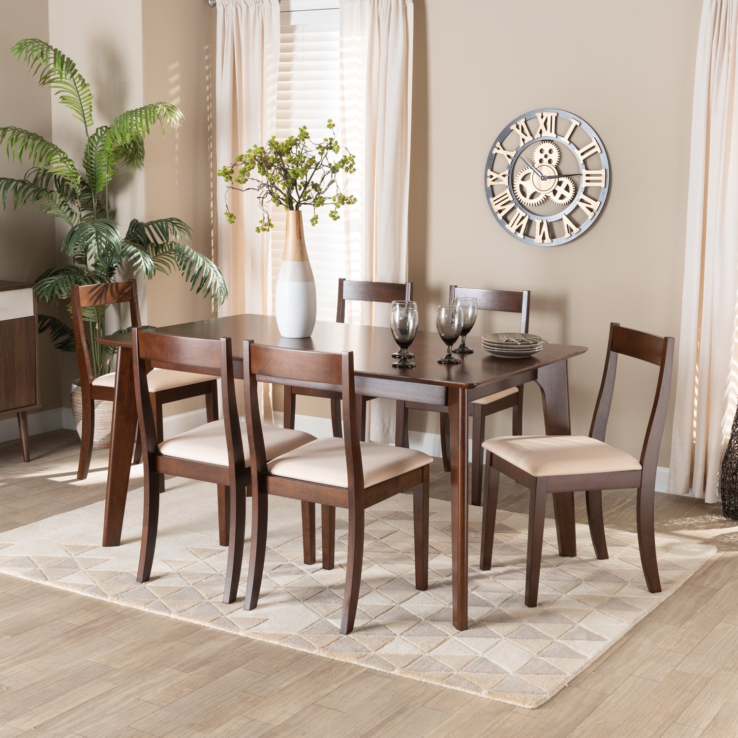 Carola Dining Set Mid-Century Modern Cream Fabric and Dark Brown Finished Wood 7-Piece