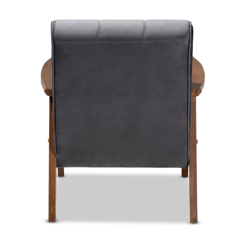 Asta Armchair Mid-Century Modern Grey Velvet Fabric Upholstered Walnut Finished Wood