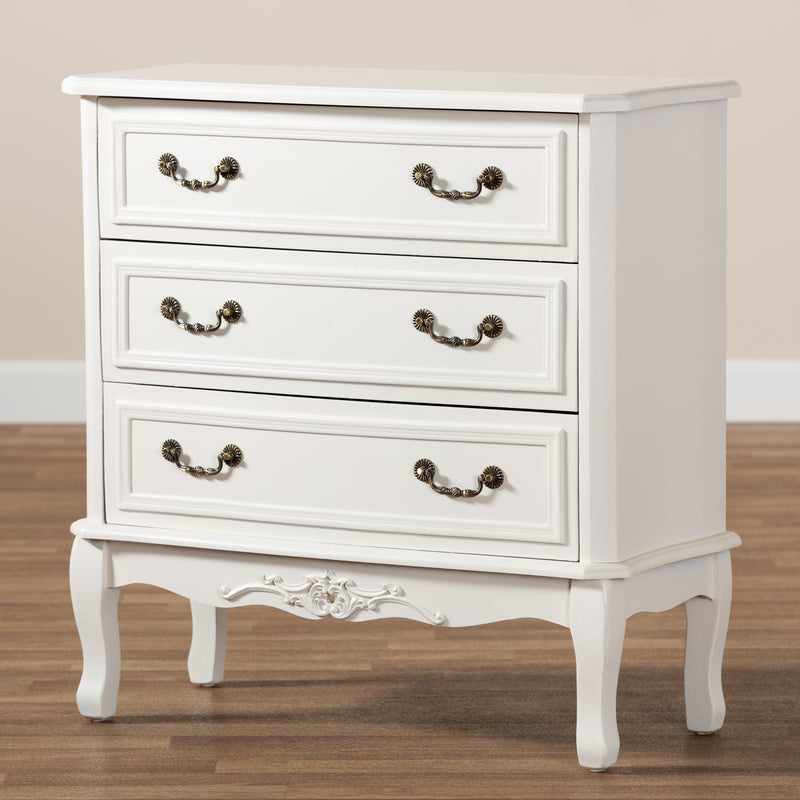 Gabrielle 3-Drawer Wood Storage Cabinet in French Country Style with White Finish for Elegant Home Organization