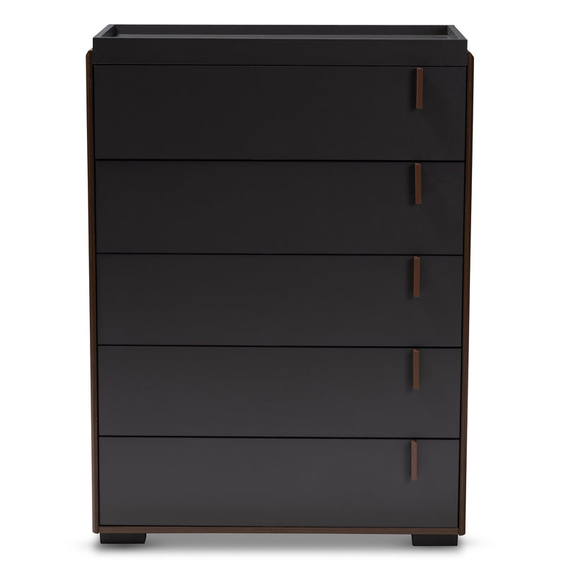 Rikke Chest - Modern 5-Drawer Storage Unit in Two-Tone Gray and Walnut Finished Wood