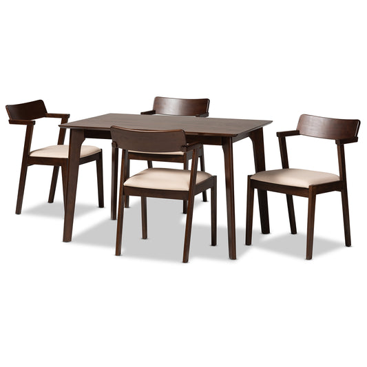 Berenice 5-Piece Dining Set: Mid-Century Modern Design with Cream Upholstery and Dark Brown Finished Wood