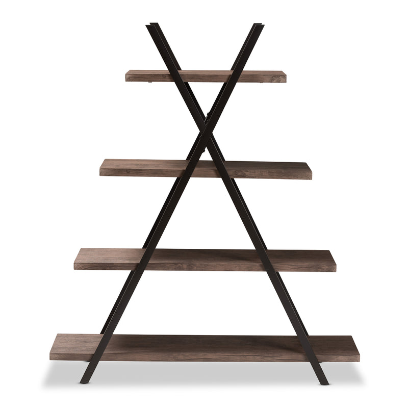 Fiera Industrial 4-Tier Display Shelf Rustic Walnut Wood and Black Metal Living Room Furniture for Stylish Home Decor