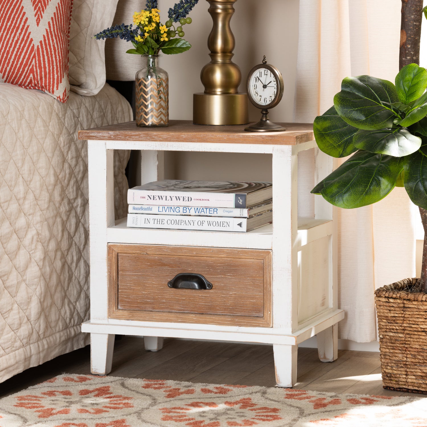 Glynn Rustic Farmhouse End Table Weathered Two-Tone White and Oak Brown Wood with 1 Drawer for Living Room or Bedroom Storage