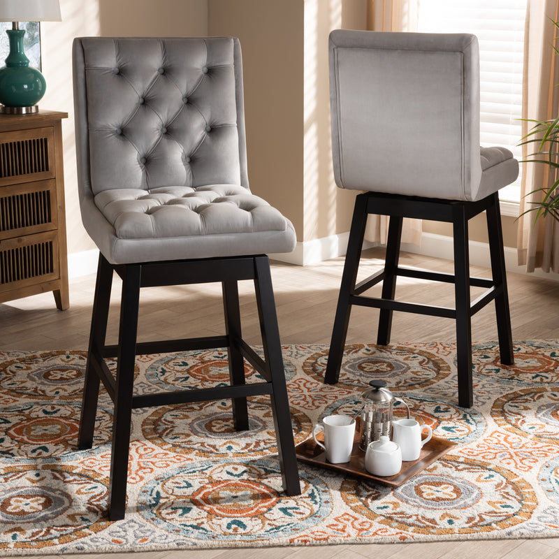 Gregory Bar Stool Set Modern Transitional Grey Fabric Upholstered and Walnut Brown Finished Wood 2-Piece