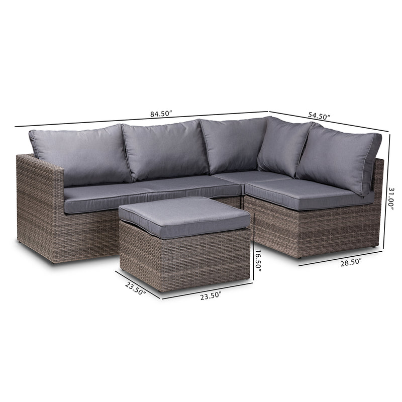 Pamela Outdoor Patio Set - Modern 4-Piece Woven Rattan Furniture with Grey Upholstery and Brown Finish