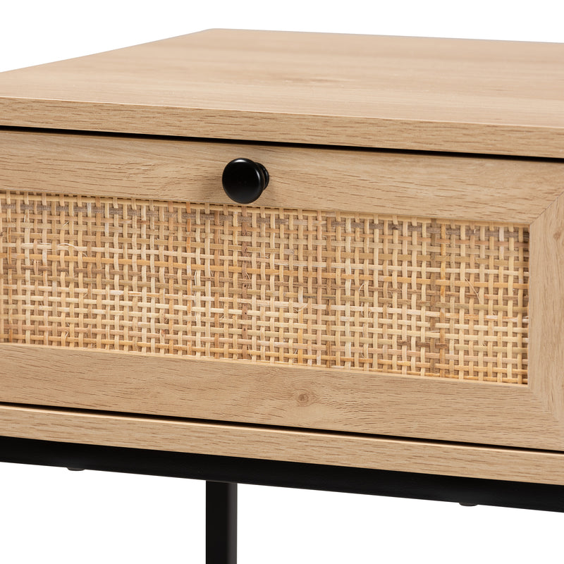 Amelia End Table Mid-Century Modern Design with Natural Brown Wood and Rattan, Featuring 1 Storage Drawer