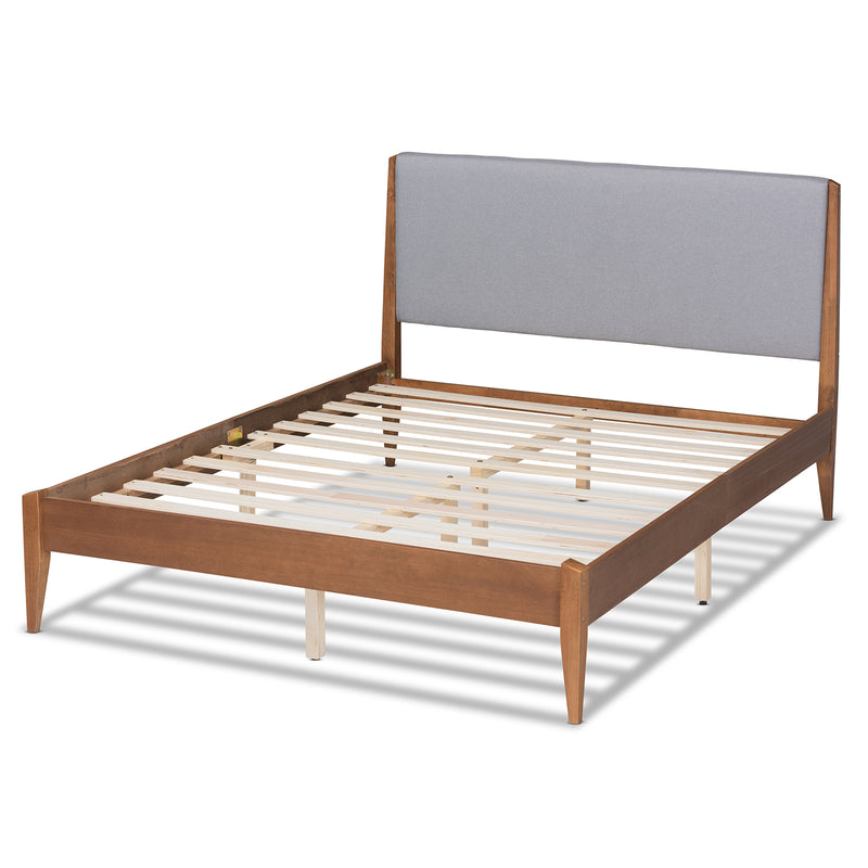 Lenora King Size Platform Bed - Mid-Century Modern Grey Fabric Upholstery with Walnut Brown Wood Frame