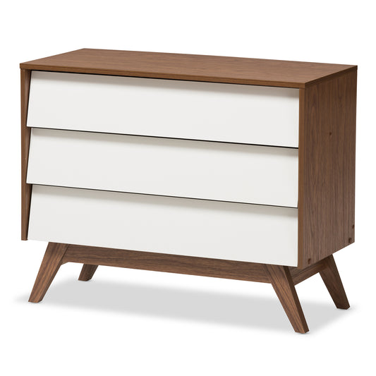 Hildon Mid-Century Modern 3-Drawer Storage Chest in White and Walnut for Stylish Organization and Home Décor