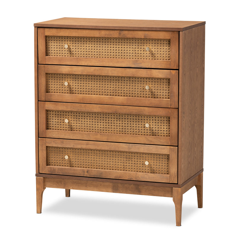 Ramiel Mid-Century Modern 4-Drawer Chest in Ash Walnut with Rattan Accents - Stylish Storage for Bedroom or Living Room