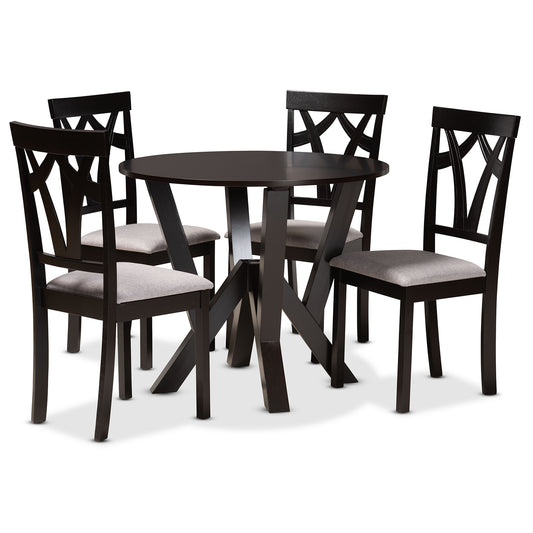 Branca 5-Piece Dining Set - Modern Grey Fabric Chairs with Dark Brown Finished Wood Table