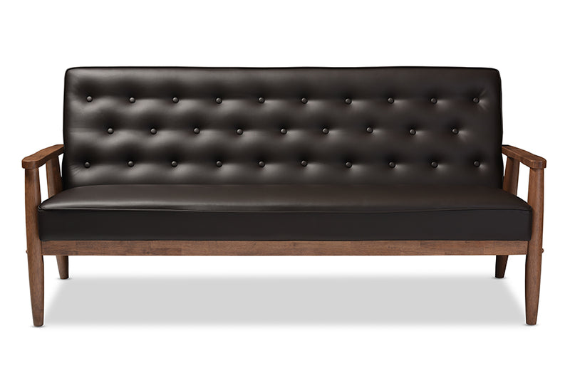 Sorrento Sofa Mid-century Retro Modern Black Faux Leather Upholstered Wooden 3-seater