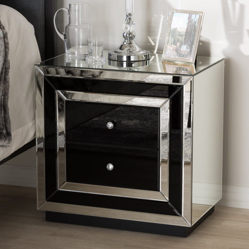 Cecilia Mirrored End Table with 2 Drawers, Elegant Hollywood Regency Accent Furniture for Living Room or Bedroom