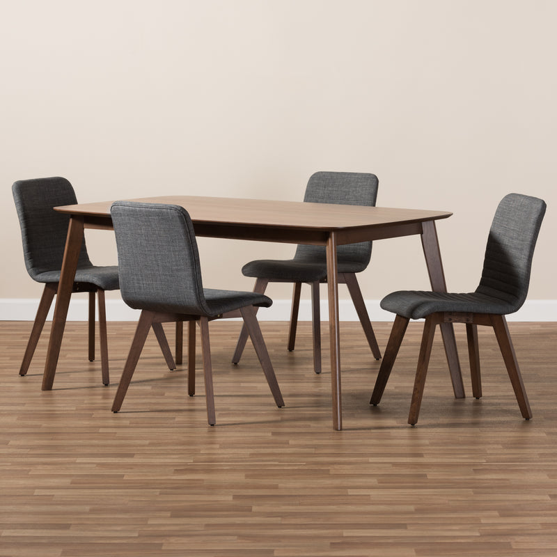 Sugar Dining Set Mid-Century Modern Dark Grey Fabric Upholstered Walnut Wood Finished 5-Piece