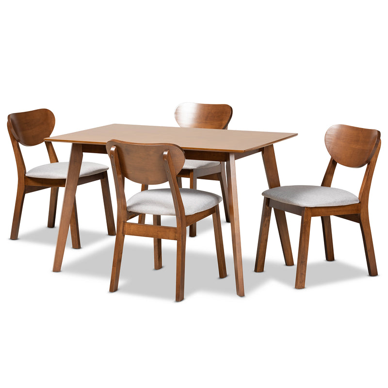 Damara Dining Set Mid-Century Modern Grey Fabric Upholstered Walnut Brown Finished Wood 5-Piece