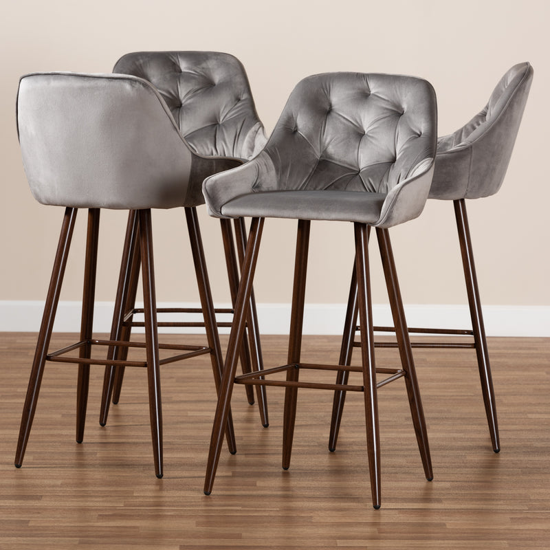 Catherine Bar Stool Set Modern and Contemporary Grey Velvet Fabric Upholstered Walnut Finished 4-Piece