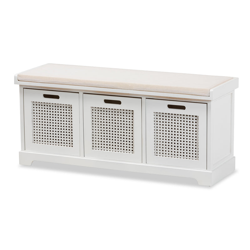 Tabor Storage Bench Modern Beige Fabric Upholstered with White Finished Wood and 3 Rattan Accent Baskets for Stylish Organization