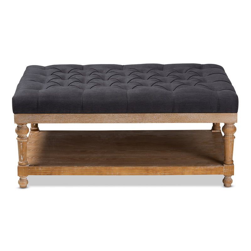 Lindsey Ottoman Modern and Rustic Charcoal Linen Fabric Upholstered Greywashed Wood