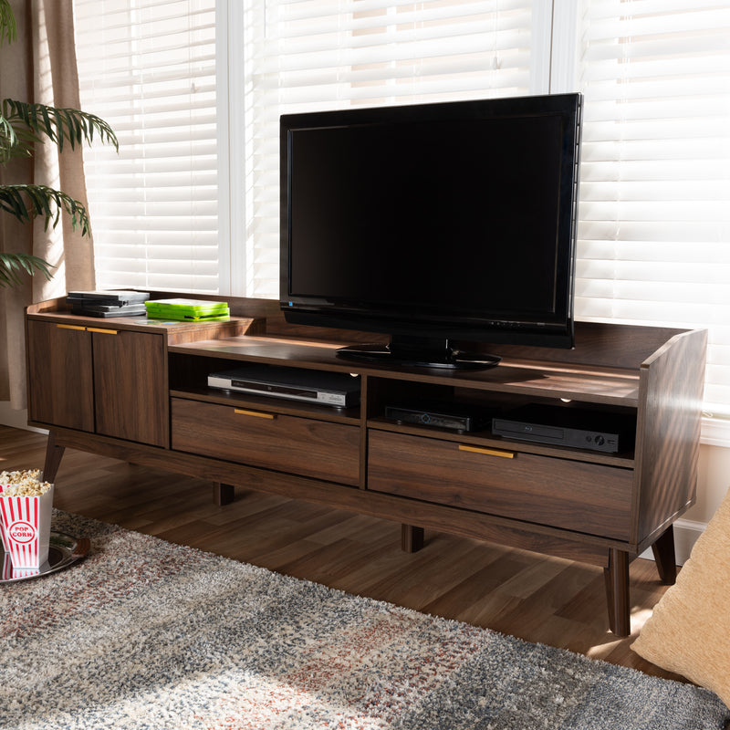 Lena Mid-Century Modern TV Stand Walnut Brown Finished 2-Drawer Wood Entertainment Center for Living Room