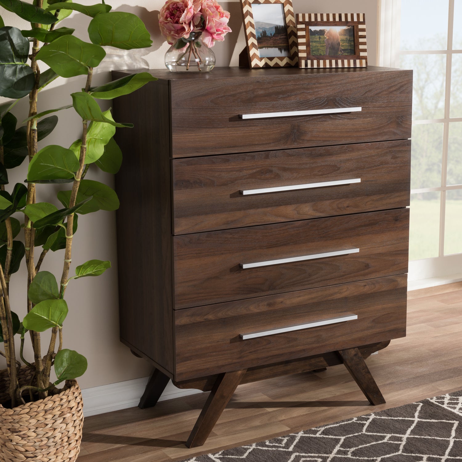 Auburn Mid-Century Modern 4-Drawer Chest in Walnut Brown for Stylish Storage Solutions