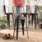 Rosetta Bar Stool Set Modern Industrial Black Metal and Walnut Brown Finished Wood 4-Piece