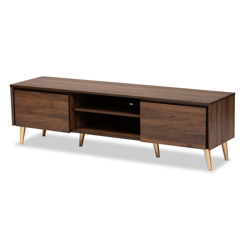 Landen Mid-Century Modern TV Stand Walnut Brown with Gold Accents for Stylish Living Room Storage and Entertainment Display