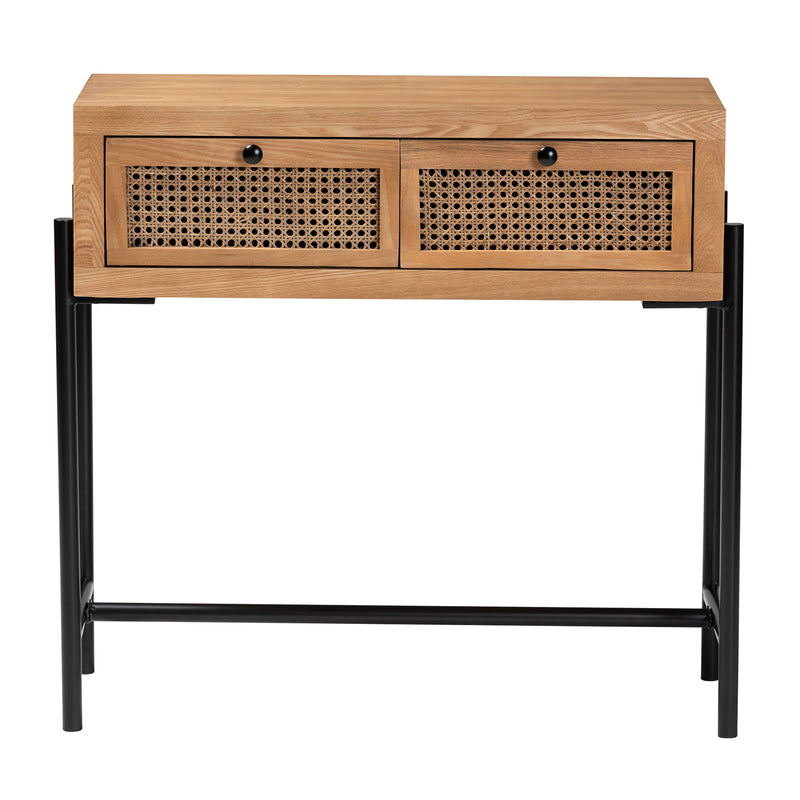 Santino Console Table Modern Industrial Design Natural Brown Wood Black Metal 2 Drawers for Storage and Style