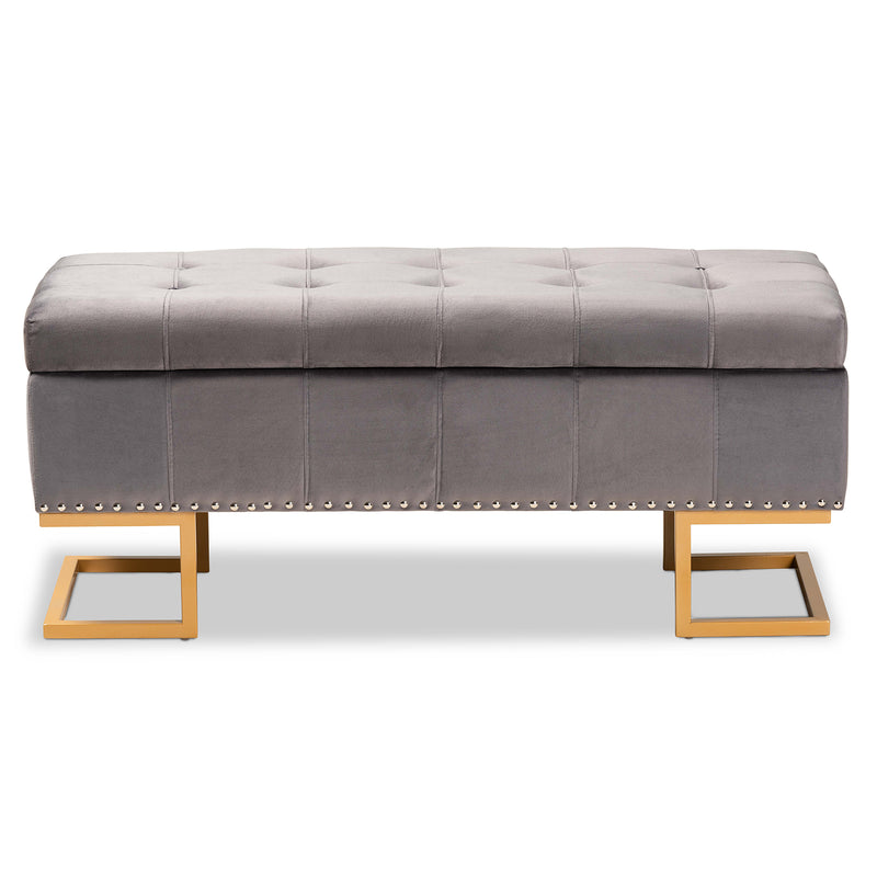 Ellery Ottoman Luxe and Glam Grey Velvet Fabric Upholstered Gold Finished Metal Storage