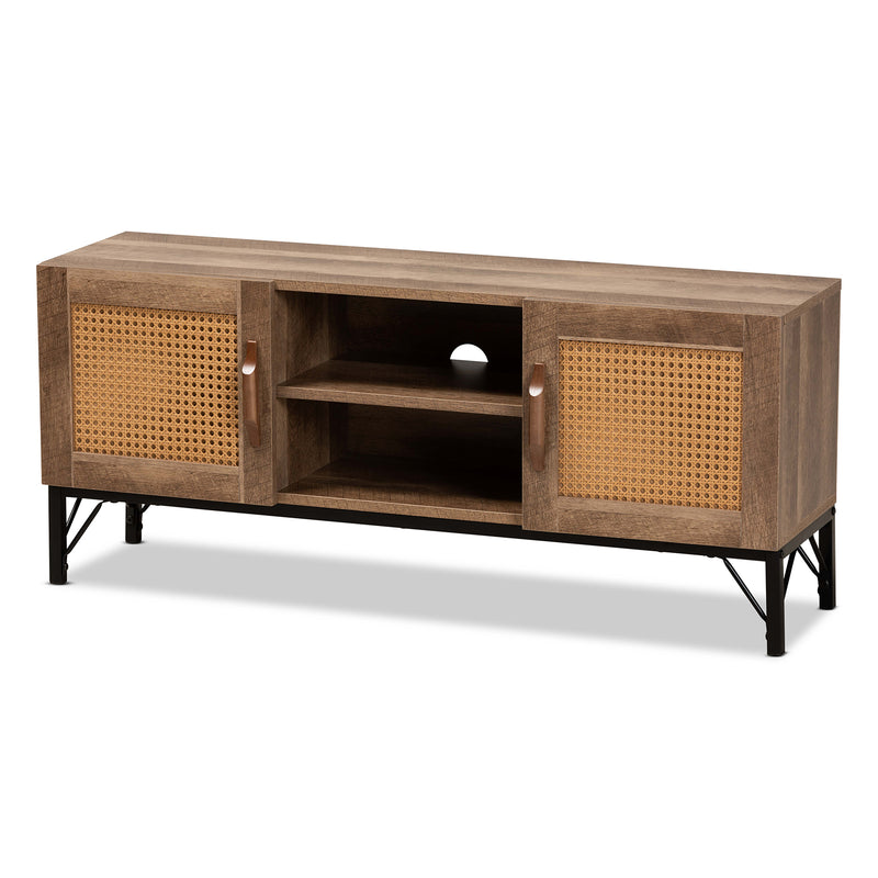 Veanna TV Stand Bohemian Natural Brown Wood and Black Metal 2-Door Design with Synthetic Rattan Accents for Stylish Living Room Storage