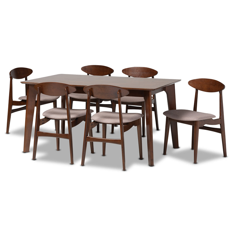 Daria 7-Piece Dining Set in Mid-Century Modern Style with Warm Grey Fabric and Dark Brown Wood Finish