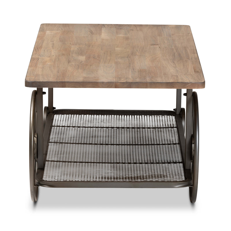 Terence Coffee Table Vintage Rustic Industrial Design with Natural Wood and Black Metal Wheels