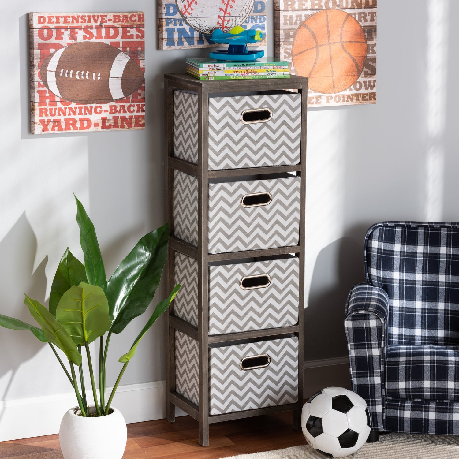 Jorah Tallboy Storage Unit - Modern Grey and White Fabric Upholstered with Greywashed Wood and 4 Baskets for Stylish Organization