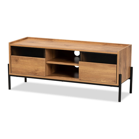 Tasman TV Stand Modern Contemporary Industrial Design Natural Brown Finished Wood Black Metal 2 Doors for Storage