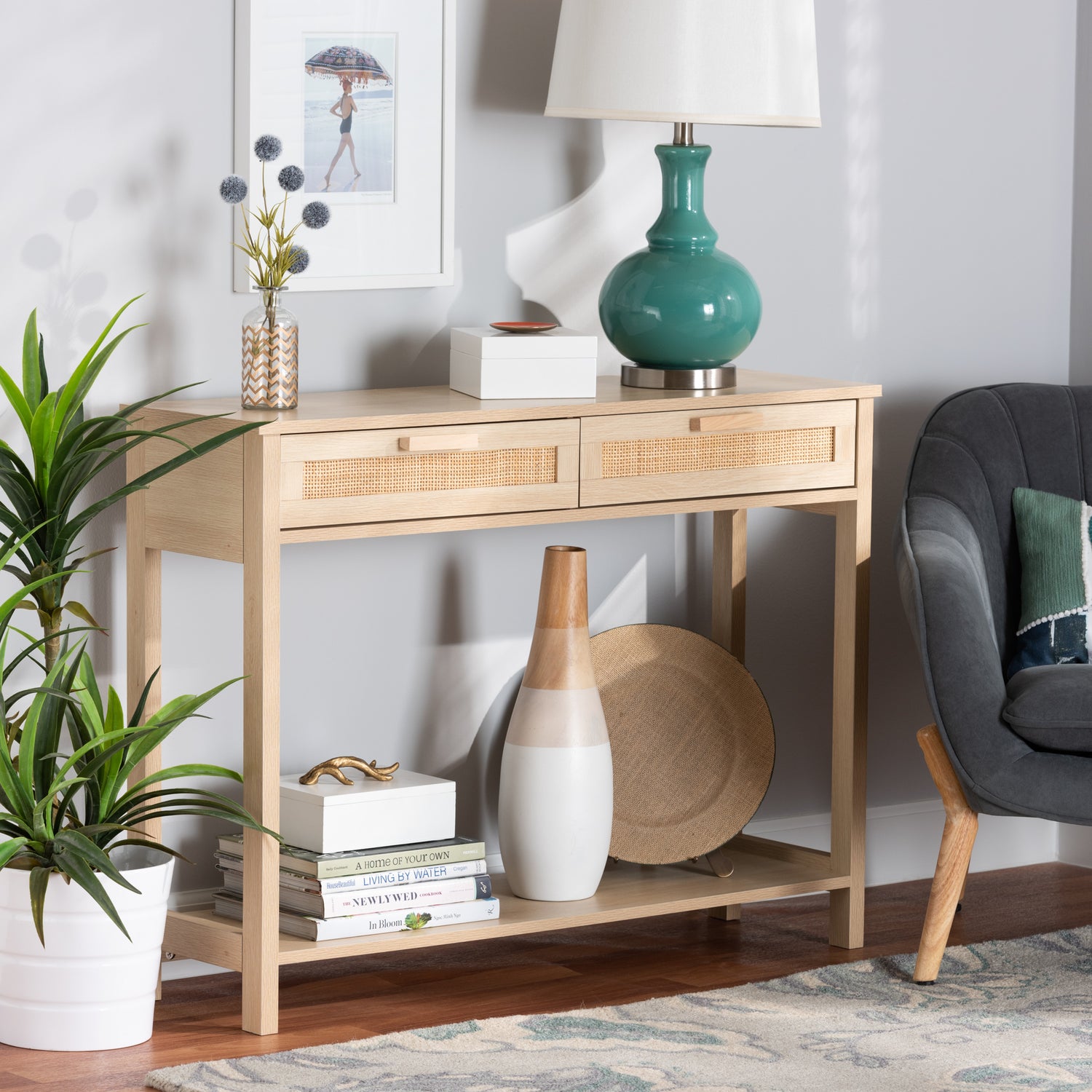 Sebille Console Table - Mid-Century Modern Light Brown Wood with 2 Drawers and Natural Rattan Accents