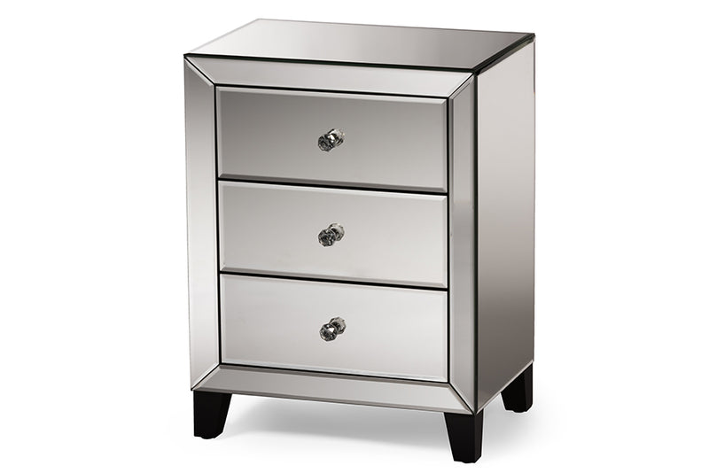 Chevron Mirrored End Table - Modern Hollywood Regency Glamour with 3 Drawers for Stylish Storage and Decor