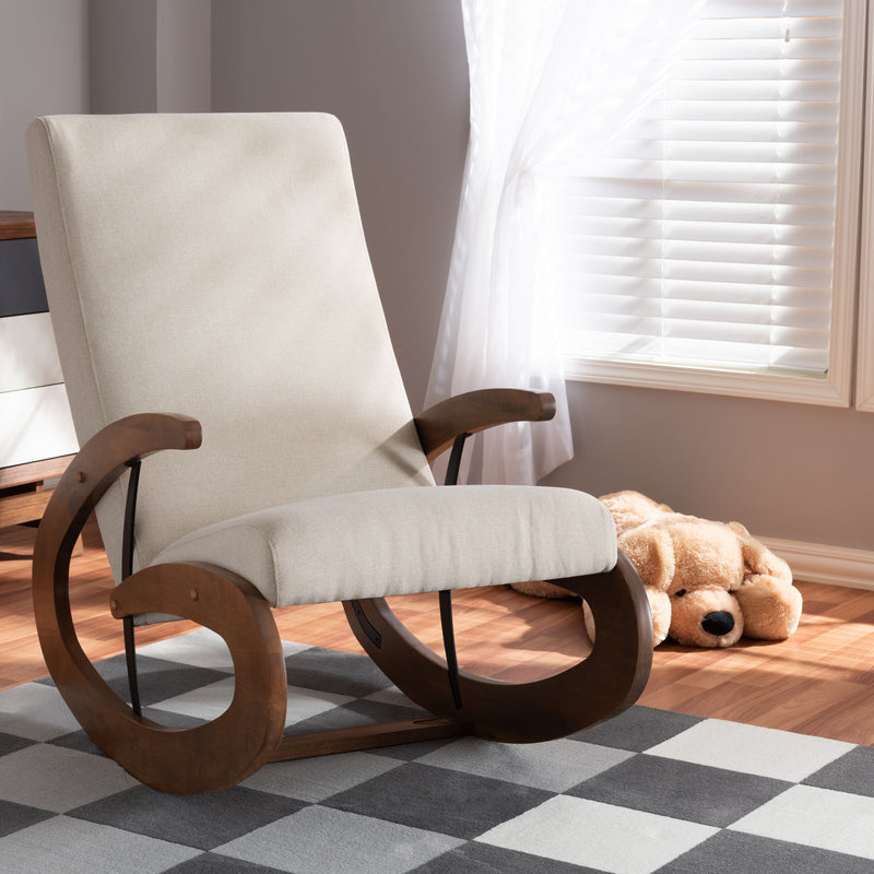 Kaira Rocking Chair Modern and Contemporary Light Beige Fabric Upholstered Walnut-Finished Wood