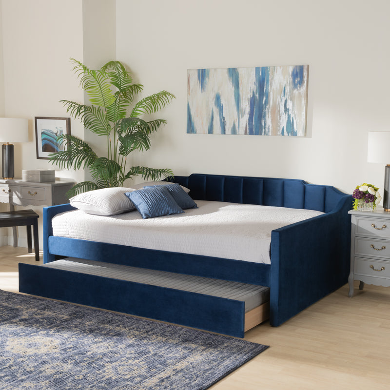 Lennon Daybed - Modern and Contemporary Navy Blue Velvet Fabric Upholstered with Trundle