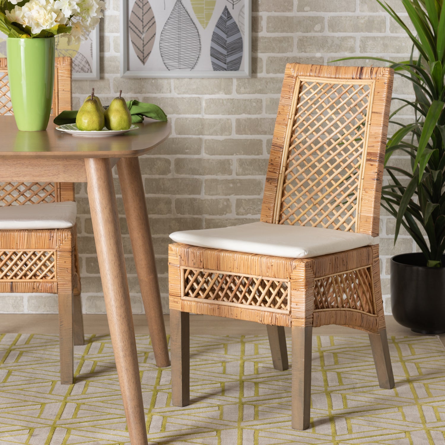 Argos Modern Bohemian Rattan Dining Chair Set 2-Piece Natural Brown Furniture for Stylish Dining Rooms and Boho Decor