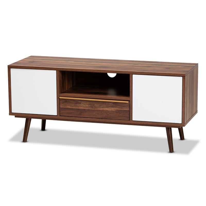 Grover Mid-Century Modern TV Stand - Two-Tone Cherry Brown and White Wood with 2 Doors for Stylish Living Room Storage